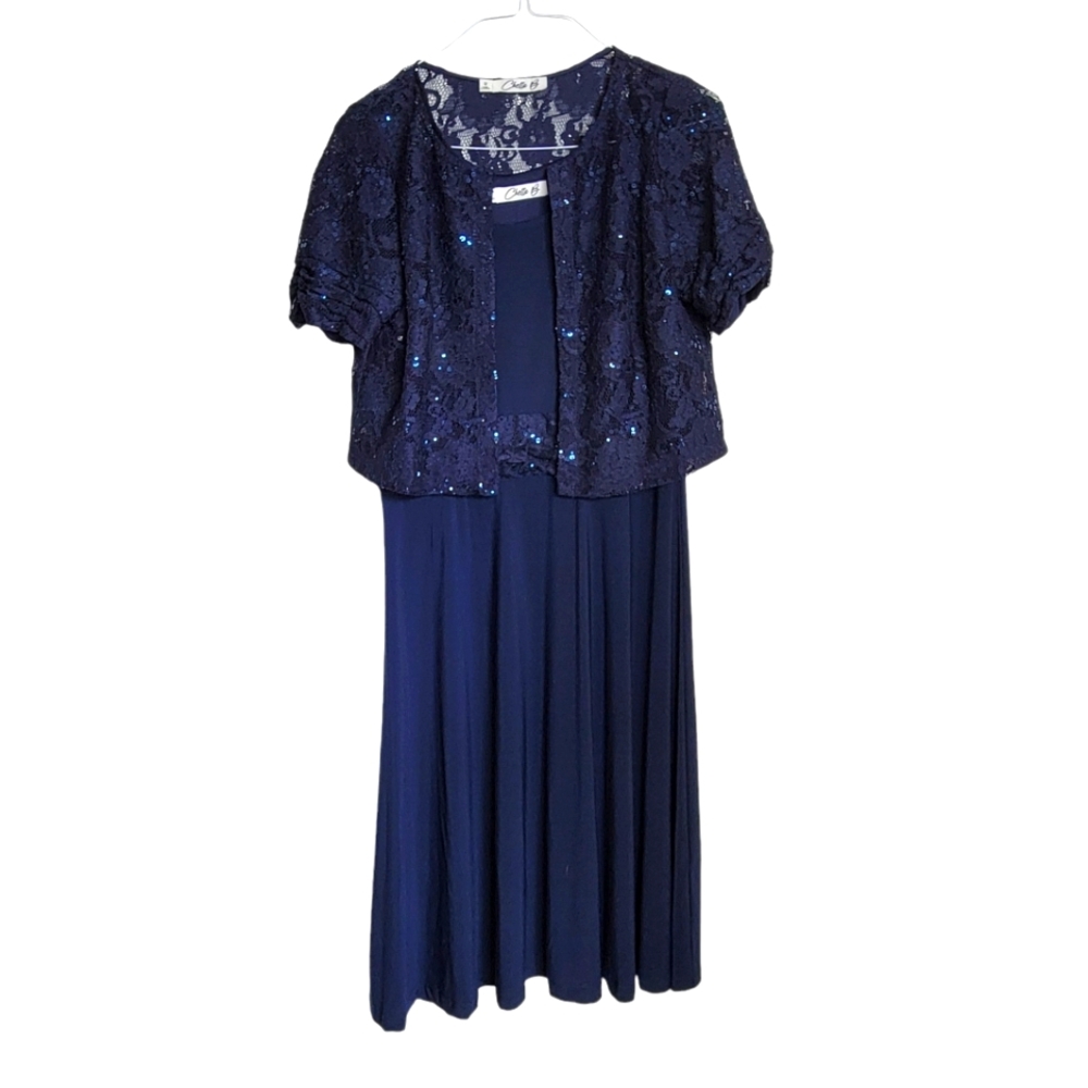 Chetta B Sequence Sleeveless Floral Lace Navy Dress, Size 12